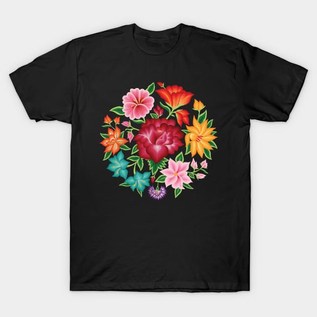 Mexican Floral Bouquet (Black Background) T-Shirt by Akbaly